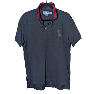 Polo‎ by Ralph Lauren Men's L Black Polo Shirt Red Stripe Collar, Large Pony